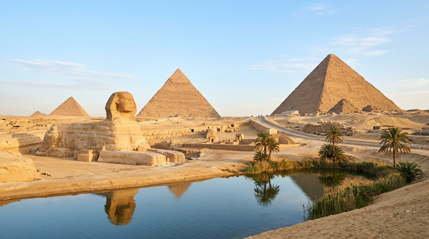 Great Pyramids of Giza in golden morning daylight
